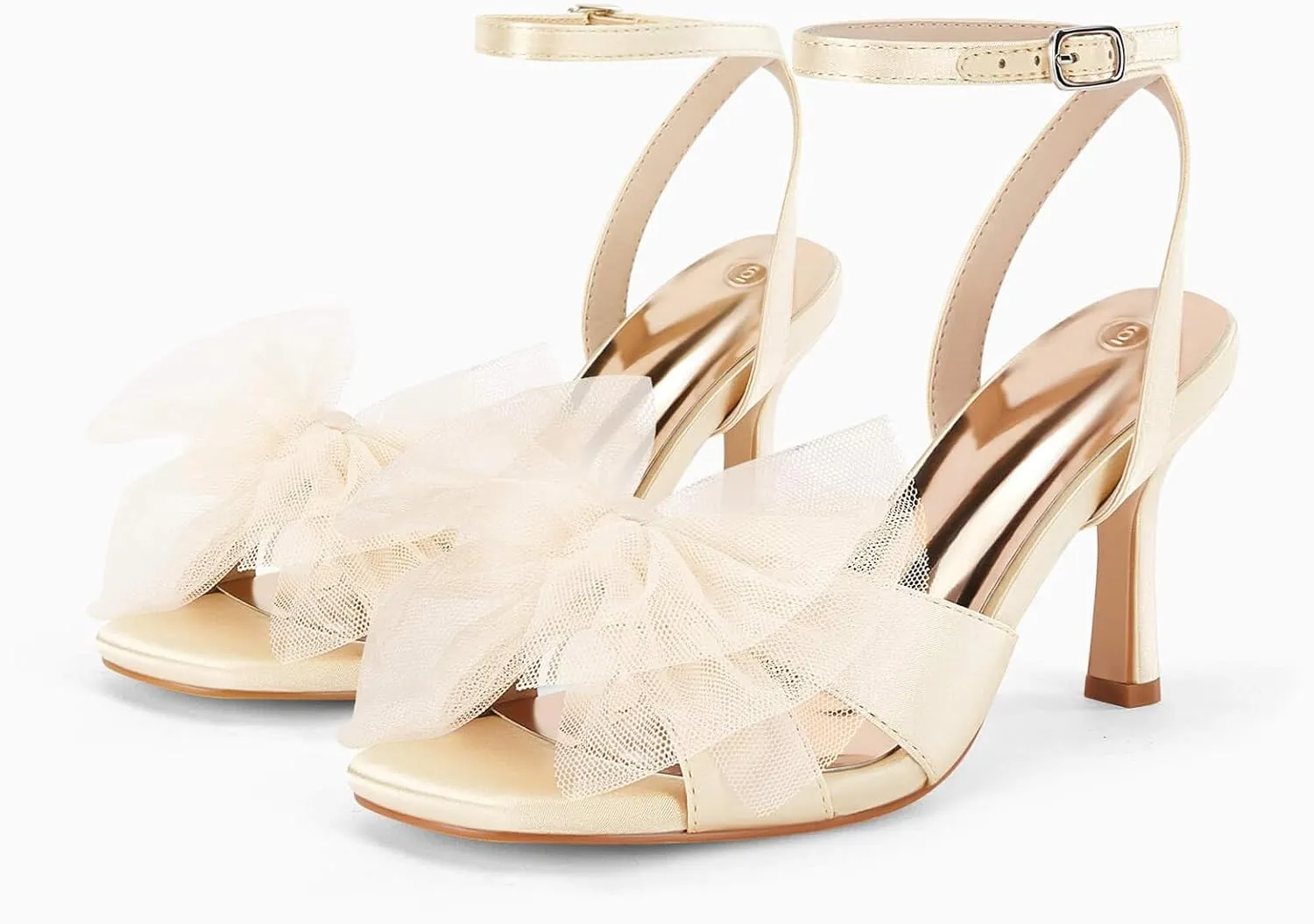 Coutgo Womens Lace Bow Heels Sandals Open Square Toe Stiletto High Heel Ankle Strap Bride Wedding Dress Shoes