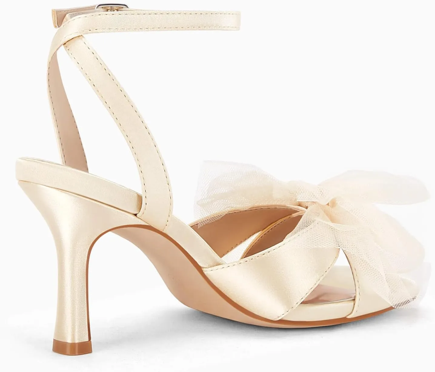 Coutgo Womens Lace Bow Heels Sandals Open Square Toe Stiletto High Heel Ankle Strap Bride Wedding Dress Shoes
