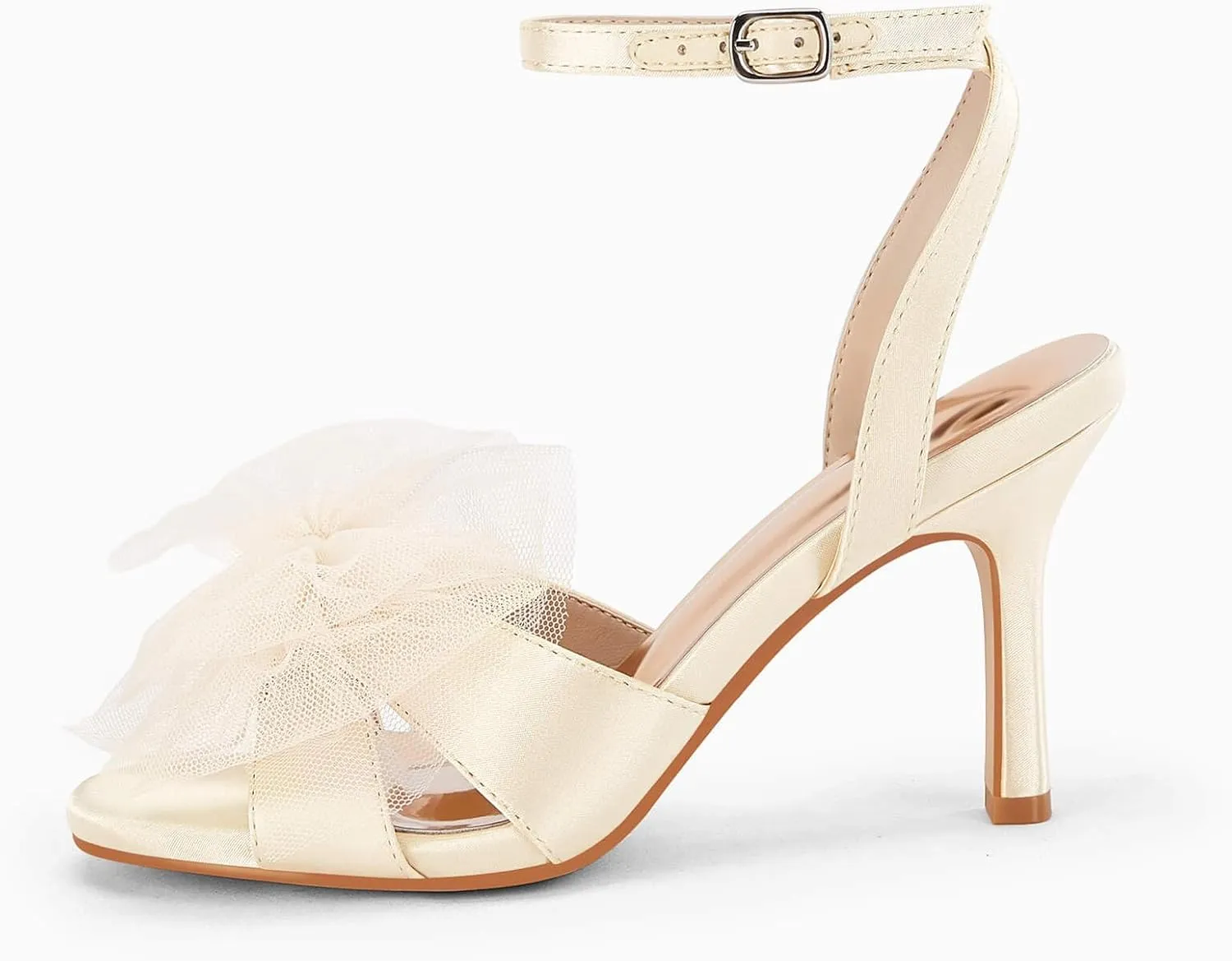 Coutgo Womens Lace Bow Heels Sandals Open Square Toe Stiletto High Heel Ankle Strap Bride Wedding Dress Shoes