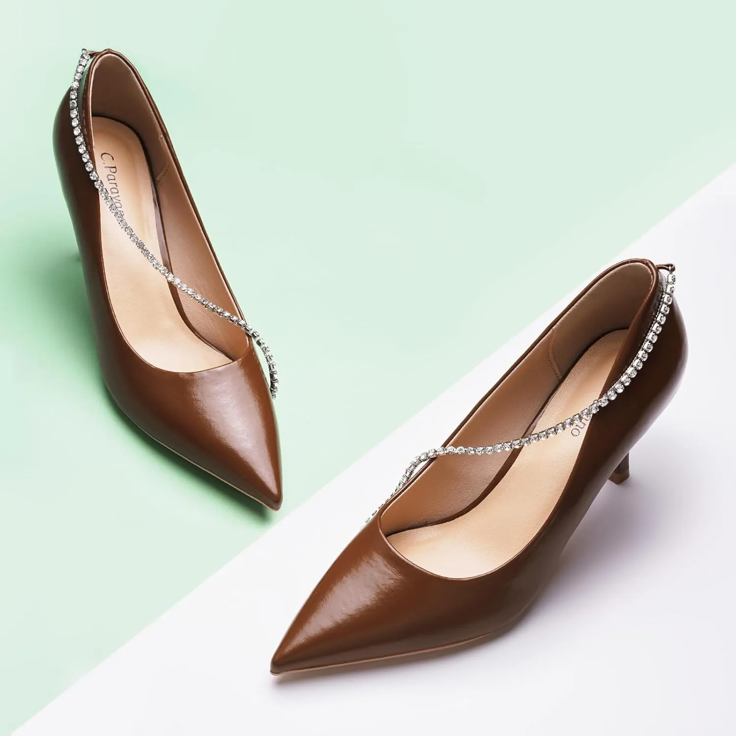 C.Paravano Crystal Chain Pointed Toe Flats Comfortable Party Dressy Shoes for Women Designer Shoes Women's Flats