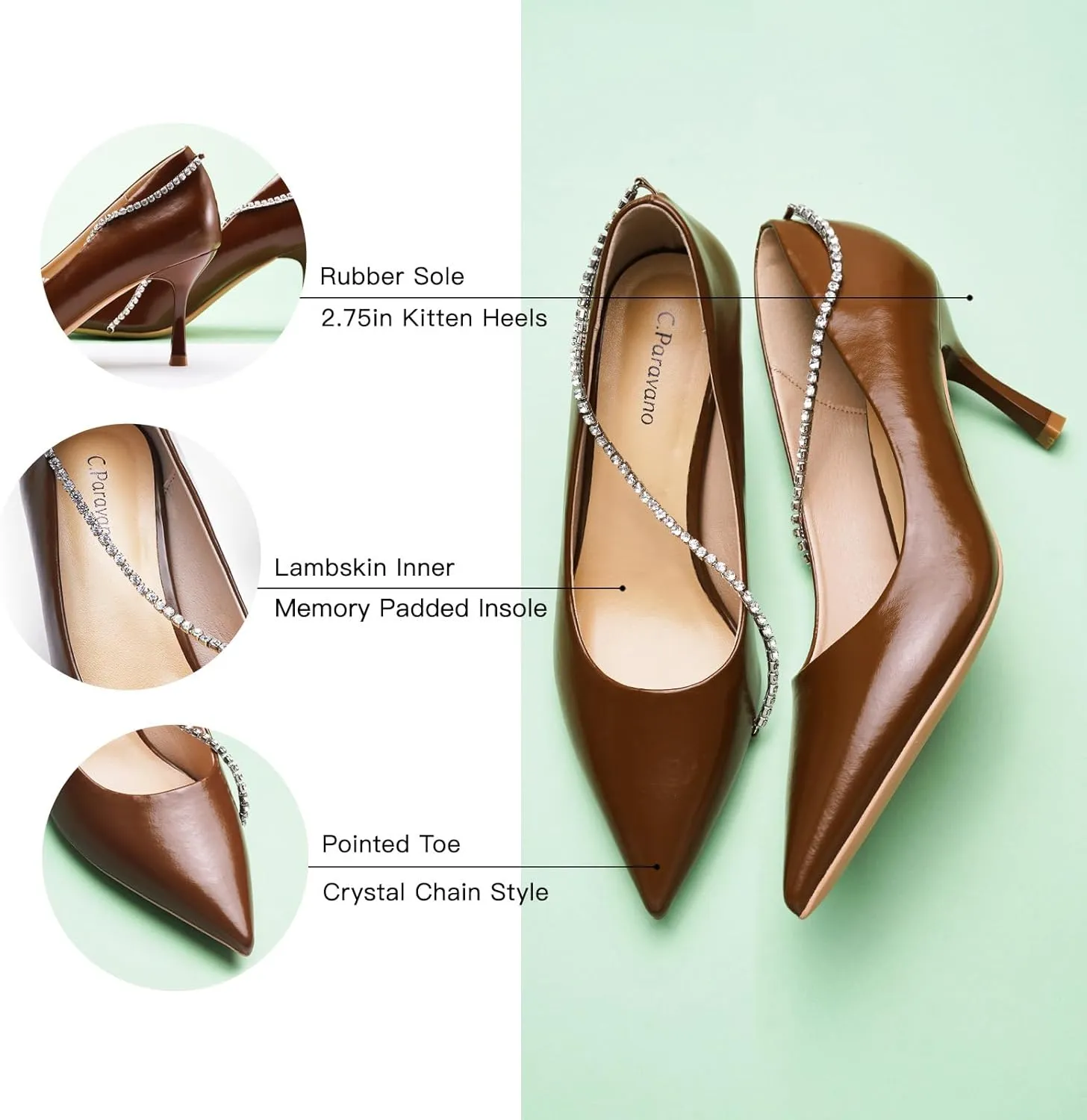 C.Paravano Crystal Chain Pointed Toe Flats Comfortable Party Dressy Shoes for Women Designer Shoes Women's Flats