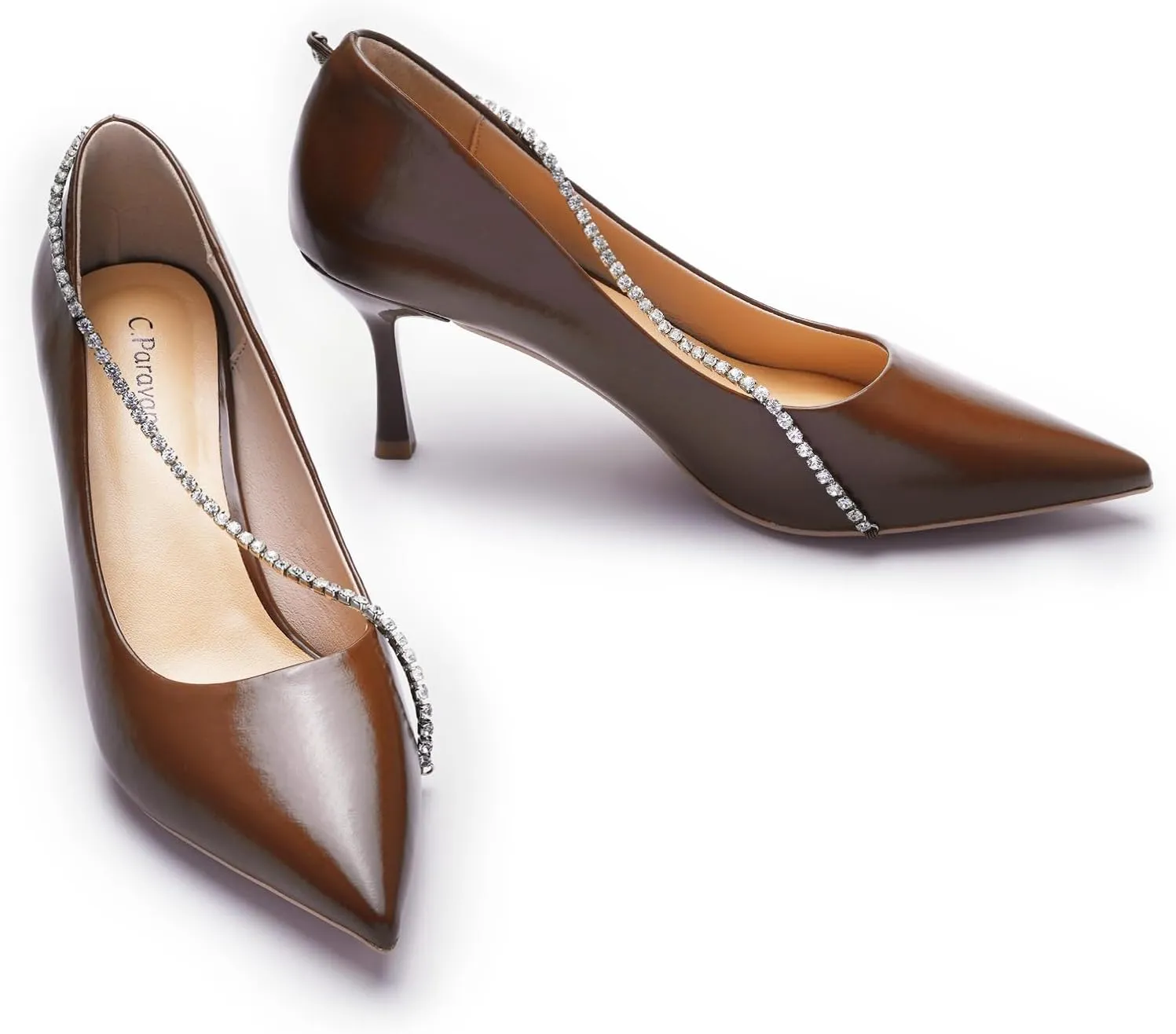 C.Paravano Crystal Chain Pointed Toe Flats Comfortable Party Dressy Shoes for Women Designer Shoes Women's Flats
