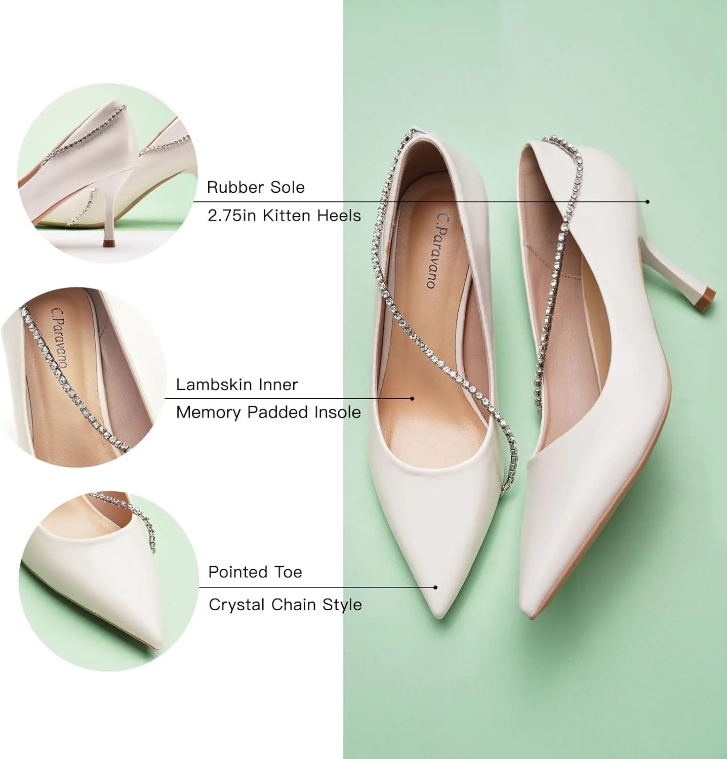C.Paravano Crystal Chain Pointed Toe Flats Comfortable Party Dressy Shoes for Women Designer Shoes Women's Flats