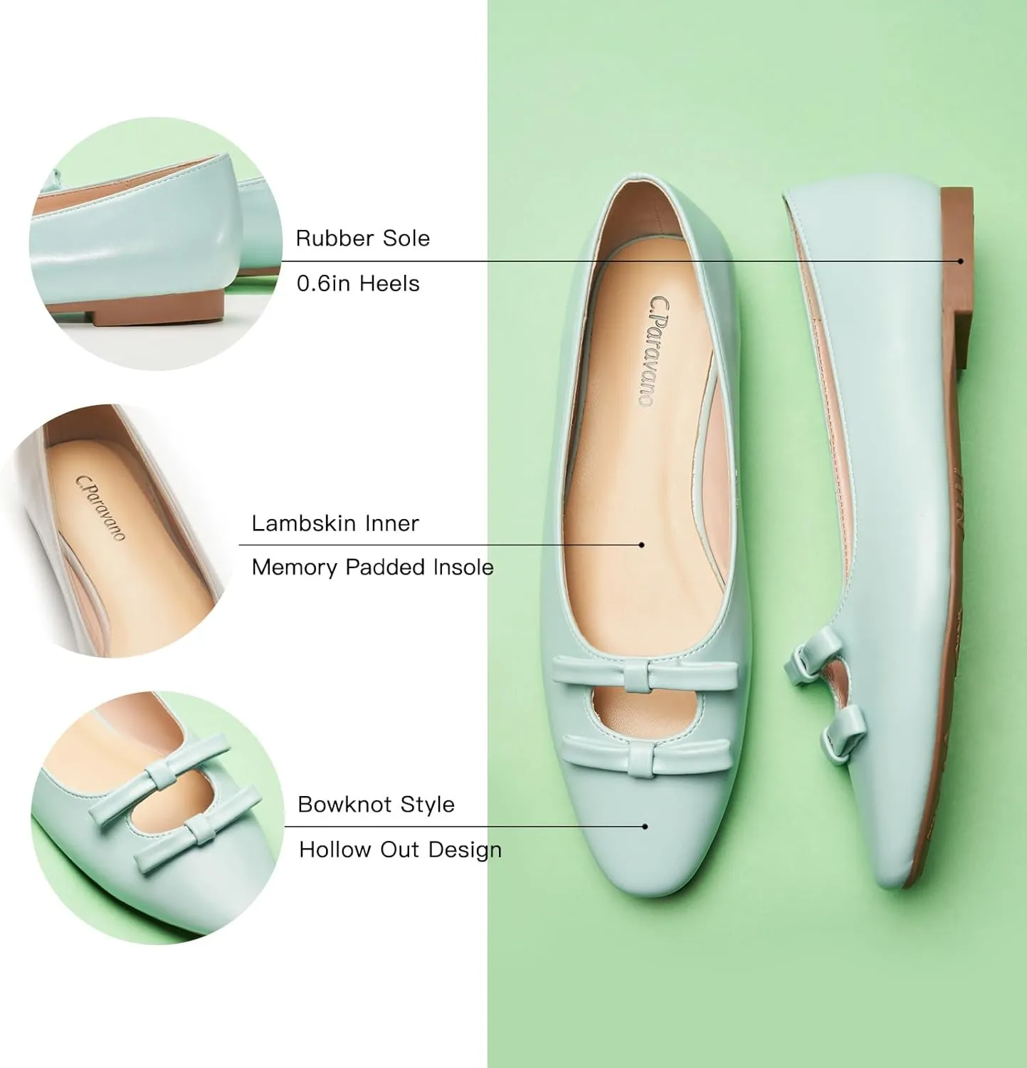 C.Paravano Women's Ballet Flats Bowknot Hollow-Out Design Round Toe Dress Shoes for Women Comfortable Business Office Work Casual Shoes