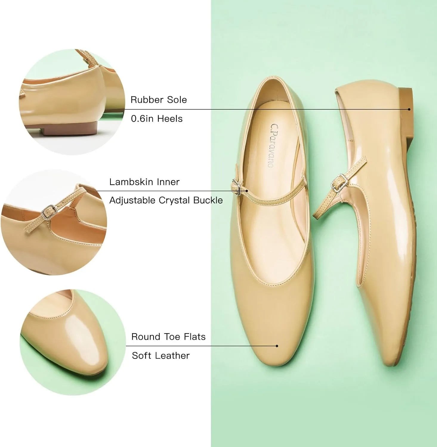 C.Paravano Women's Mary Jane Ballet Flats | Round Toe Leather Flats with Strap | Comfortable Work & Casual Shoes for Daily Wear