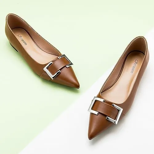 C.Paravano Women's Pointed Toe Flats | Soft Leather Ballet Shoes with Square Buckle | Comfortable Slip On Work Shoes | Dressy Flats for Office, Travel & Daily Wear