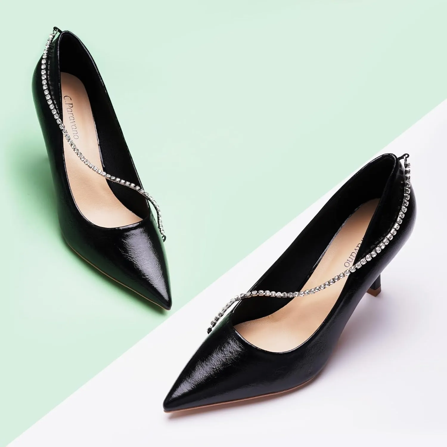 C.Paravano Women's Pumps | Crystal Chain Heels | Pointed Toe Kitten Heel | Comfortable Dress Shoes | Elegant Party Wedding Designer Shoes