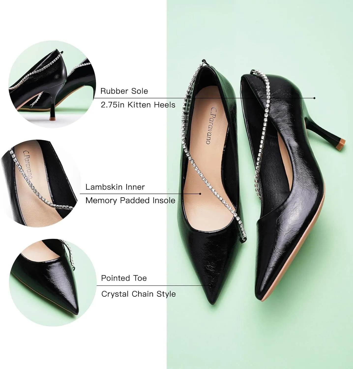 C.Paravano Women's Pumps | Crystal Chain Heels | Pointed Toe Kitten Heel | Comfortable Dress Shoes | Elegant Party Wedding Designer Shoes