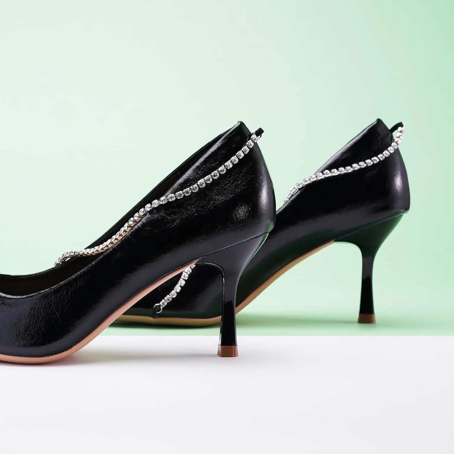 C.Paravano Women's Pumps | Crystal Chain Heels | Pointed Toe Kitten Heel | Comfortable Dress Shoes | Elegant Party Wedding Designer Shoes