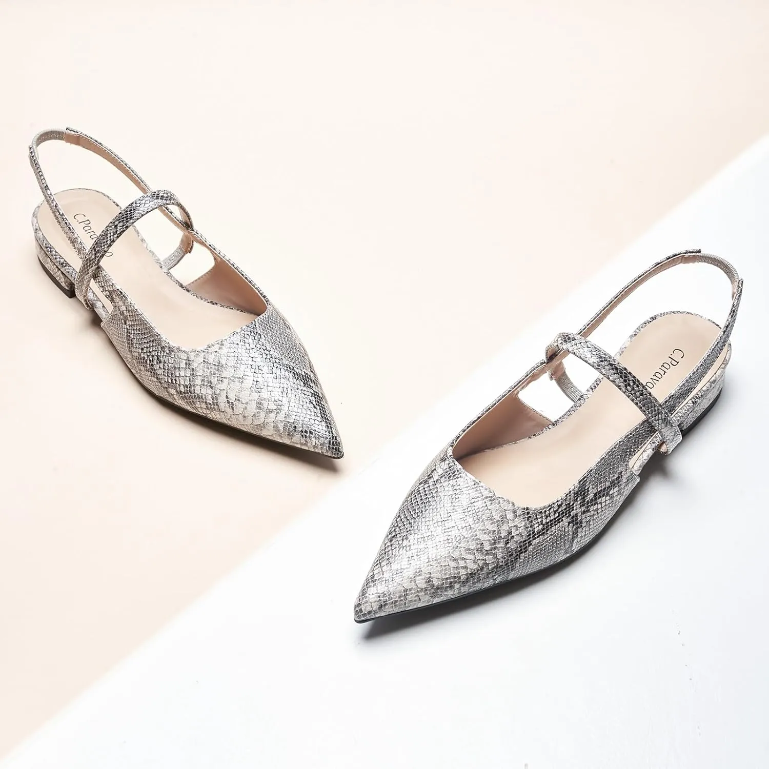 C.Paravano Women's Slingback Flats & Heels - Pointed Toe, Ankle Strap, Comfortable Leather Dress Shoes
