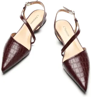 C.Paravano Women's Slingback Flats with S-Curve Strap - Crocodile-Embossed Pointed Toe Slip-On Shoes | Adjustable Back Comfortable Flat Sandals