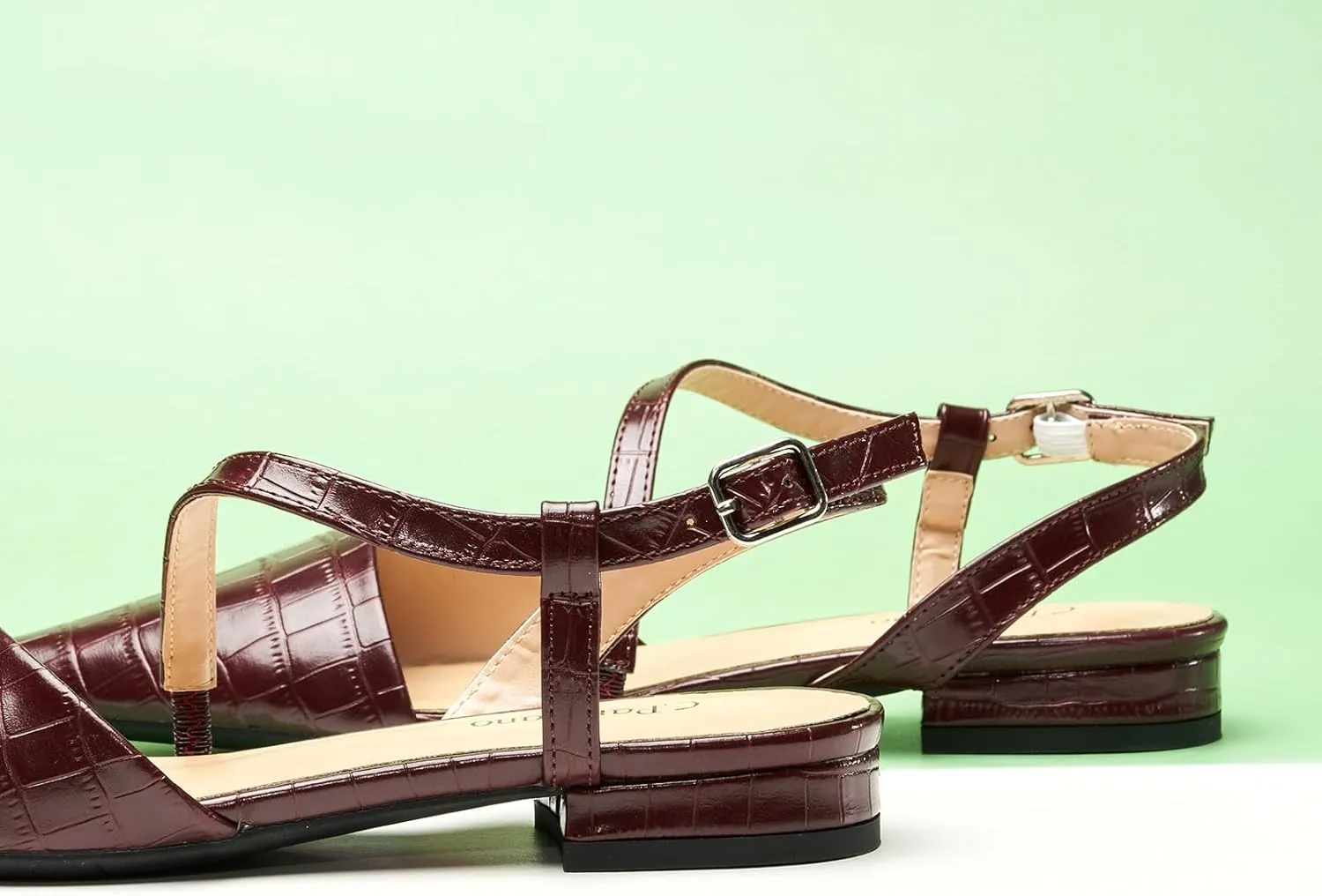 C.Paravano Women's Slingback Flats with S-Curve Strap - Crocodile-Embossed Pointed Toe Slip-On Shoes | Adjustable Back Comfortable Flat Sandals