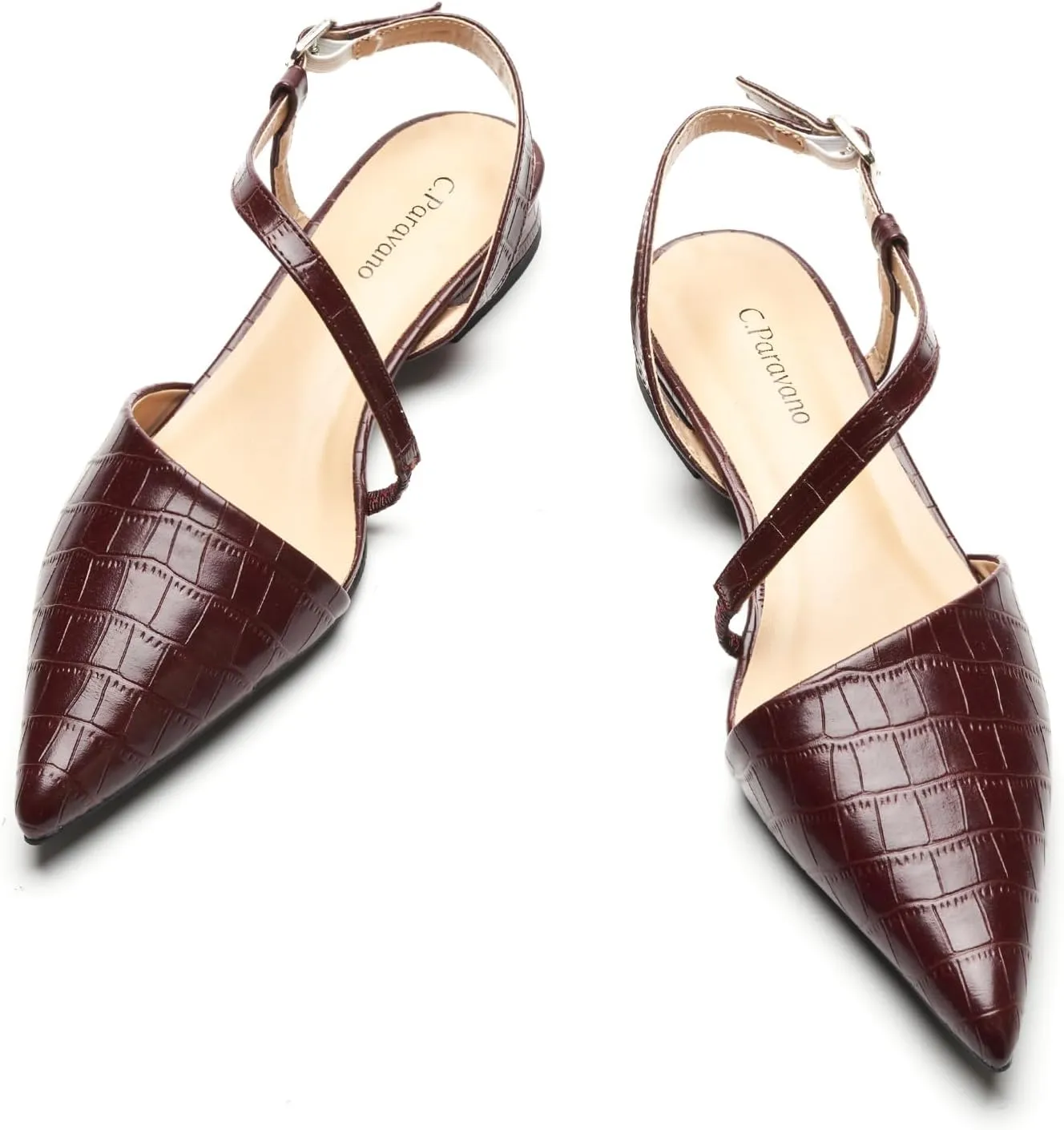 C.Paravano Women's Slingback Flats with S-Curve Strap - Crocodile-Embossed Pointed Toe Slip-On Shoes | Adjustable Back Comfortable Flat Sandals