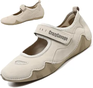 CrazySavage Women's Casual Breathable Flat Mary Jane Sneakers Adjustable Hook&Loop Walking Nurse Dress Shoes Closed Round Toe Lightweight Slip On Orthotic Working Shoe
