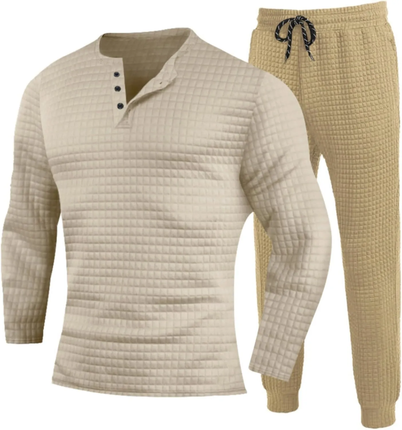 CRNTCEM Mens 2 Pieces Sweat Suits Lightweight Long Sleeve Waffle Knitted Workout Henley Sets Male Casual Jogging Tracksuits
