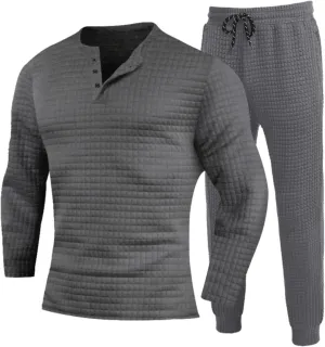 CRNTCEM Mens 2 Pieces Sweat Suits Lightweight Long Sleeve Waffle Knitted Workout Henley Sets Male Casual Jogging Tracksuits