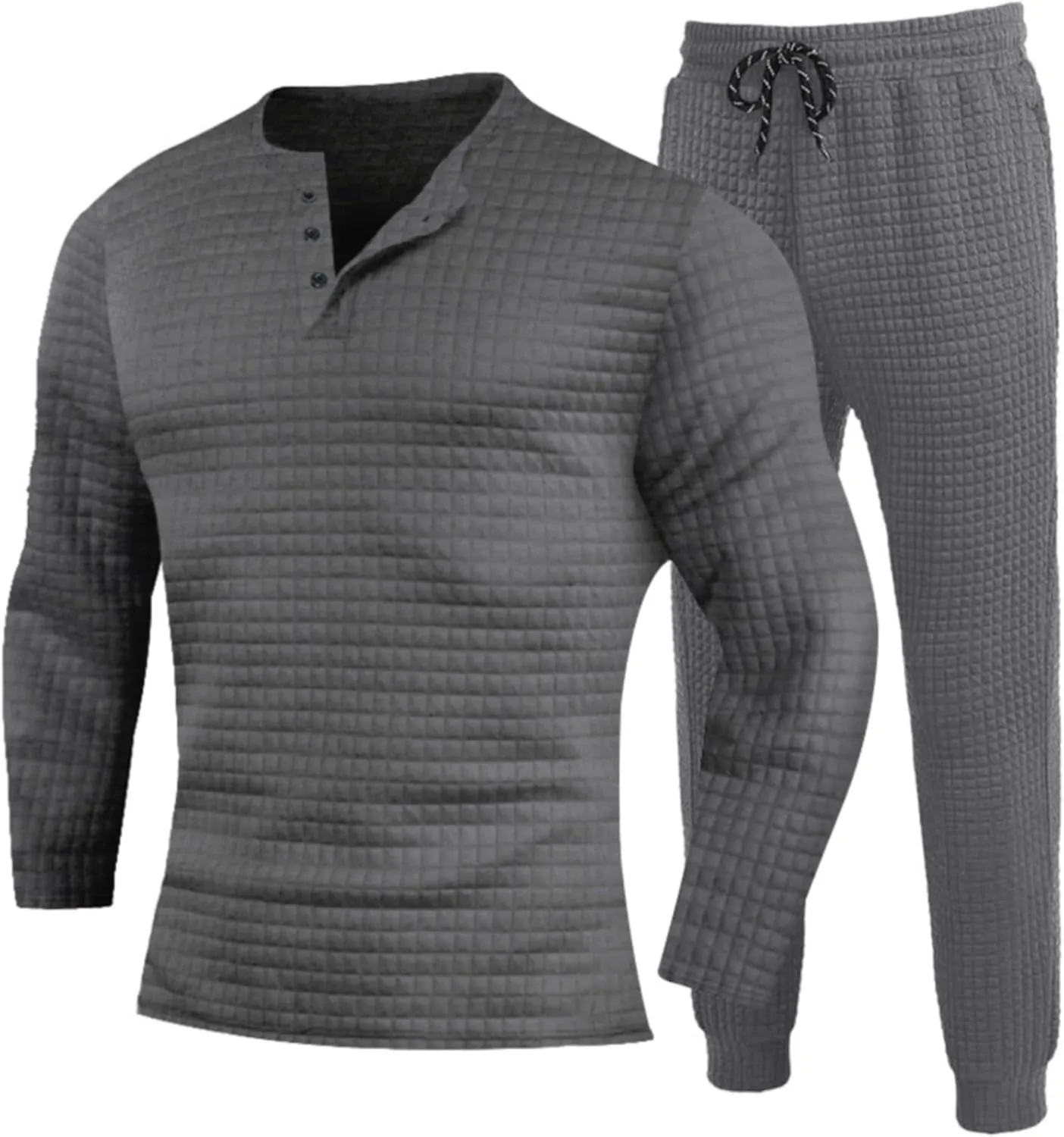 CRNTCEM Mens 2 Pieces Sweat Suits Lightweight Long Sleeve Waffle Knitted Workout Henley Sets Male Casual Jogging Tracksuits