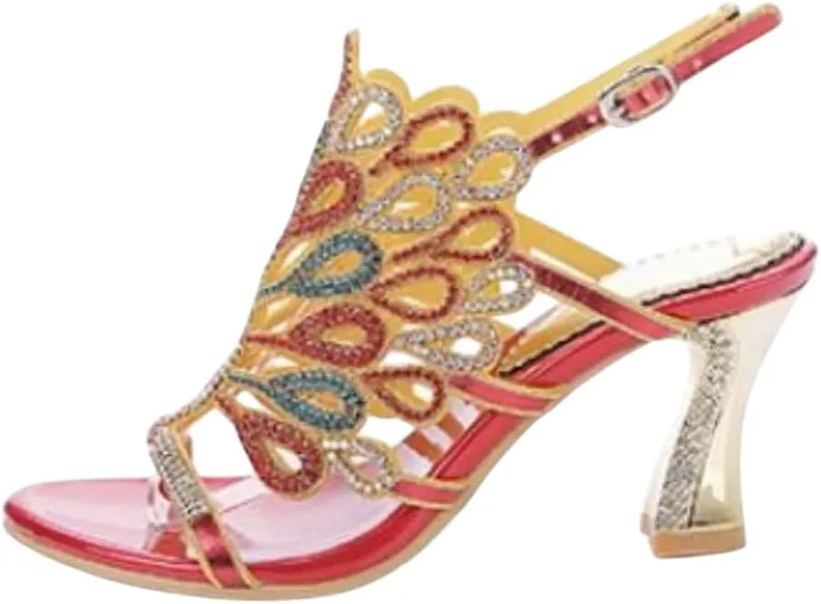 Crystal Rhinestone Evening Sandals, Peacock Design, Block Heel, Black and Gold