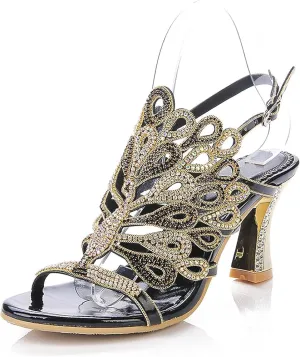 Crystal Rhinestone Evening Sandals, Peacock Design, Block Heel, Black and Gold
