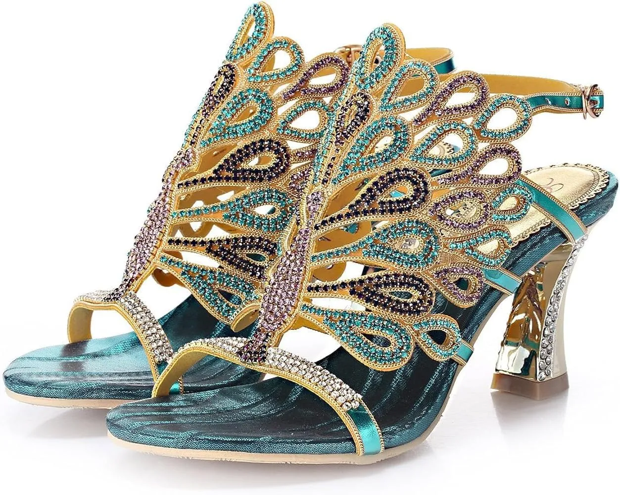 Crystal Rhinestone Evening Sandals, Peacock Design, Block Heel, Black and Gold