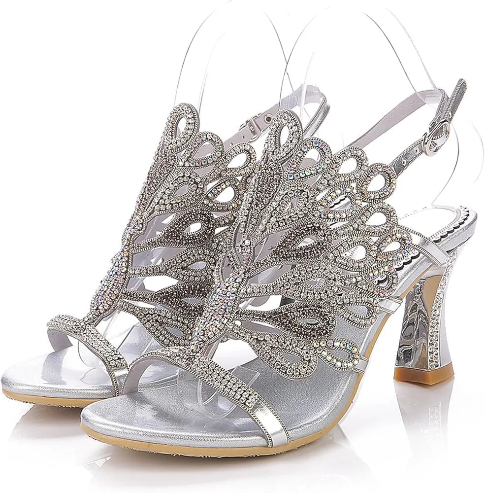 Crystal Rhinestone Evening Sandals, Peacock Design, Block Heel, Black and Gold