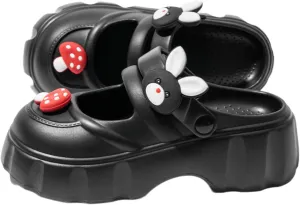 Cute Bunny Mushroom Thick Sole Slippers Women Mary Jane Clogs with Hole EVA 2" Y2K Platform Height Increase Indoor Shower Sandals Outdoor Travel Beach Sandals