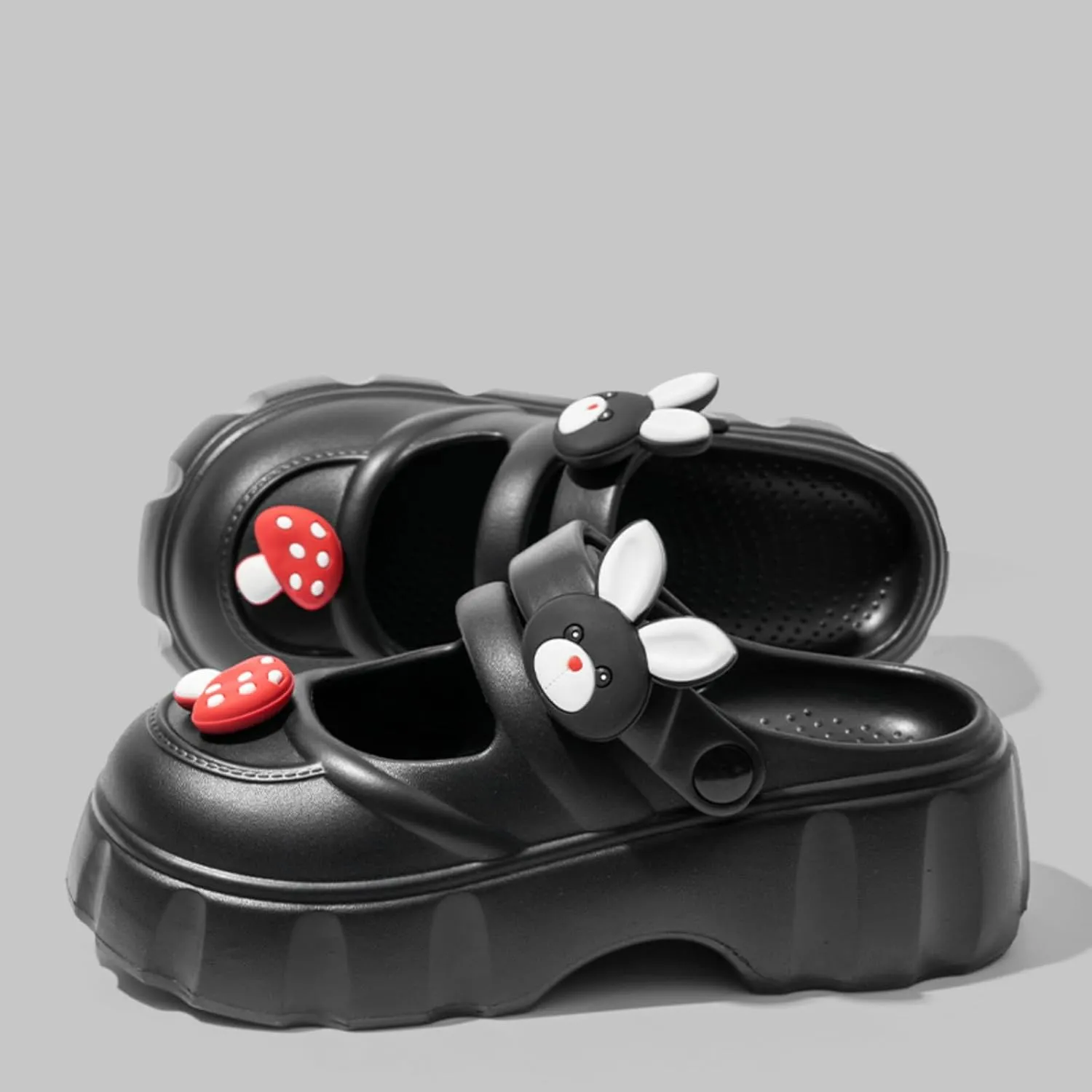 Cute Bunny Mushroom Thick Sole Slippers Women Mary Jane Clogs with Hole EVA 2" Y2K Platform Height Increase Indoor Shower Sandals Outdoor Travel Beach Sandals