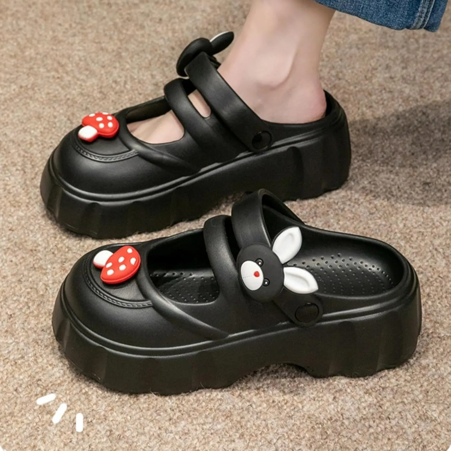 Cute Bunny Mushroom Thick Sole Slippers Women Mary Jane Clogs with Hole EVA 2" Y2K Platform Height Increase Indoor Shower Sandals Outdoor Travel Beach Sandals