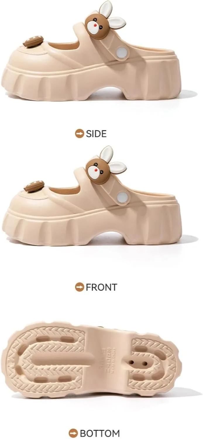 Cute Bunny Mushroom Thick Sole Slippers Women Mary Jane Clogs with Hole EVA 2" Y2K Platform Height Increase Indoor Shower Sandals Outdoor Travel Beach Sandals