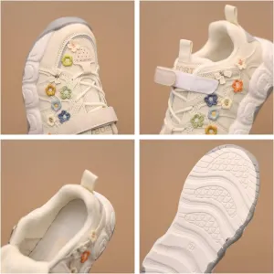 Cute Cartoon Kids Sneakers - Beaded Low-top Lace-up and Adjustable Buckle, Faux Leather and Fabric Upper, Round Toe Rubber Sole, Everyday Casual Outdoor Shoes for Girls, Spring/Autumn/Winter