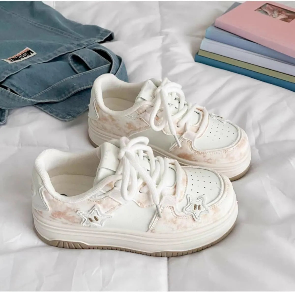 Cute Star Platform Sneakers - Women's Pink & Beige Tie-Dye Y2K Fashion Shoes, Comfortable Casual Lace-Up Sneakers with Pastel Star Design