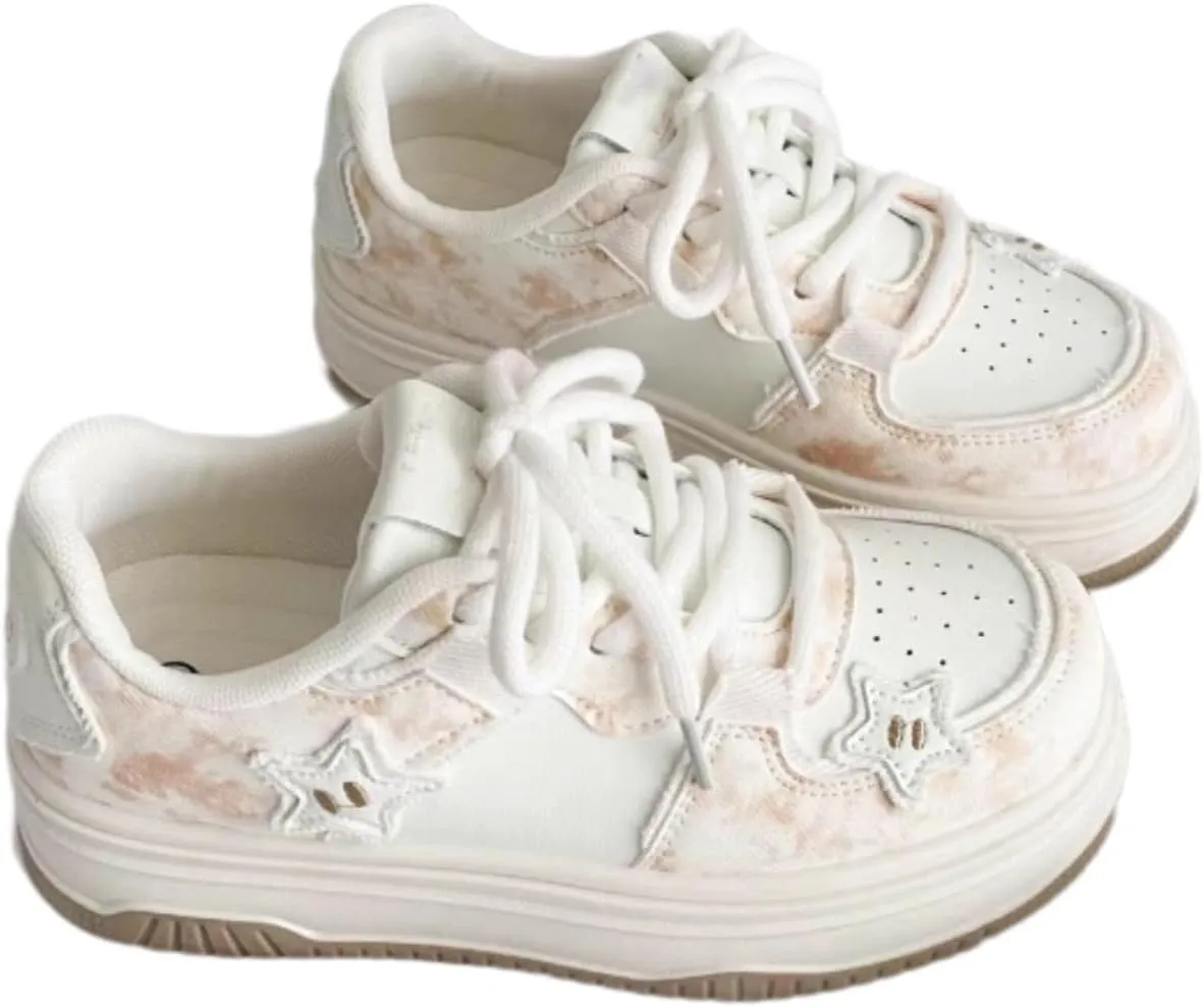 Cute Star Platform Sneakers - Women's Pink & Beige Tie-Dye Y2K Fashion Shoes, Comfortable Casual Lace-Up Sneakers with Pastel Star Design