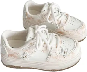 Cute Star Platform Sneakers - Women's Pink & Beige Tie-Dye Y2K Fashion Shoes, Comfortable Casual Lace-Up Sneakers with Pastel Star Design
