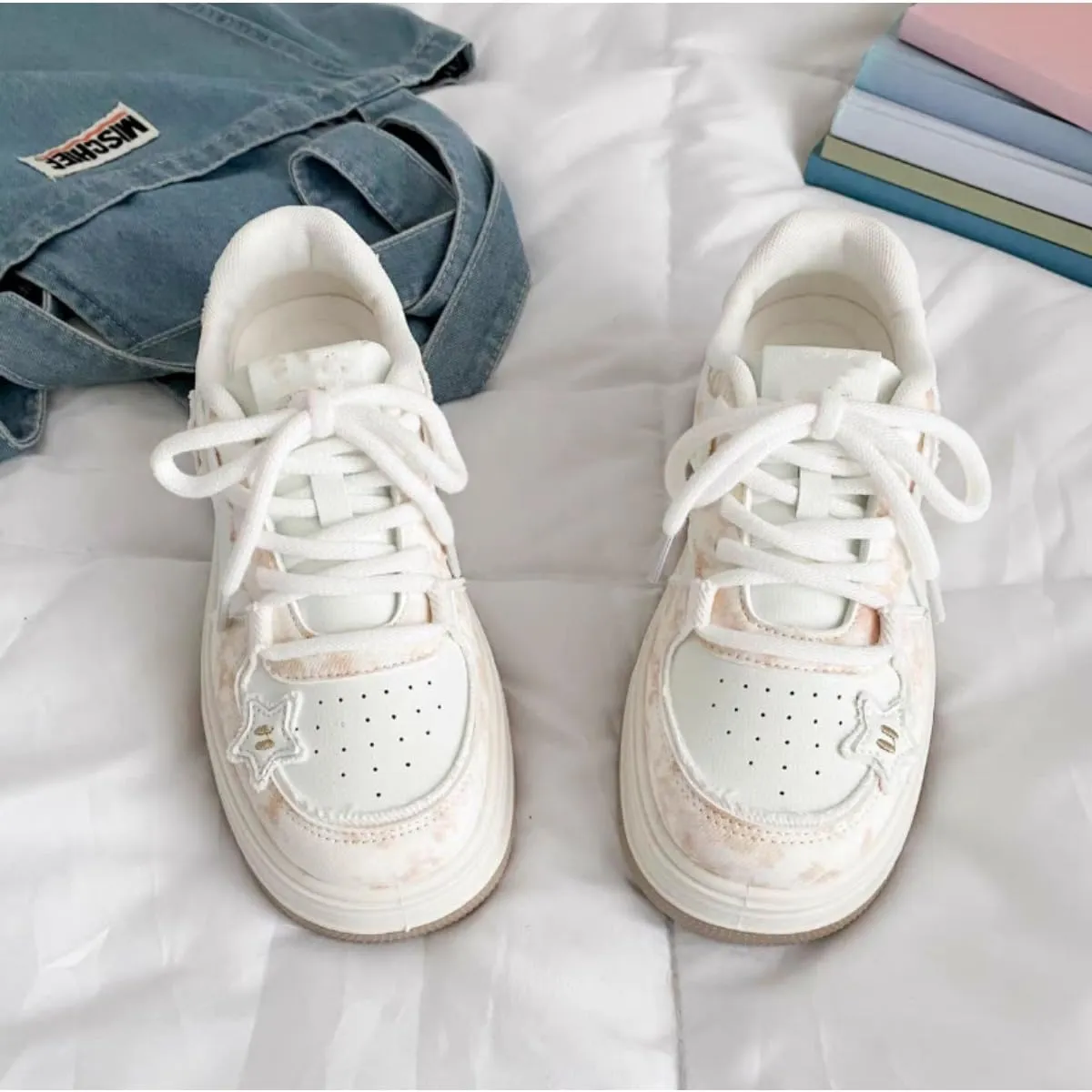 Cute Star Platform Sneakers - Women's Pink & Beige Tie-Dye Y2K Fashion Shoes, Comfortable Casual Lace-Up Sneakers with Pastel Star Design