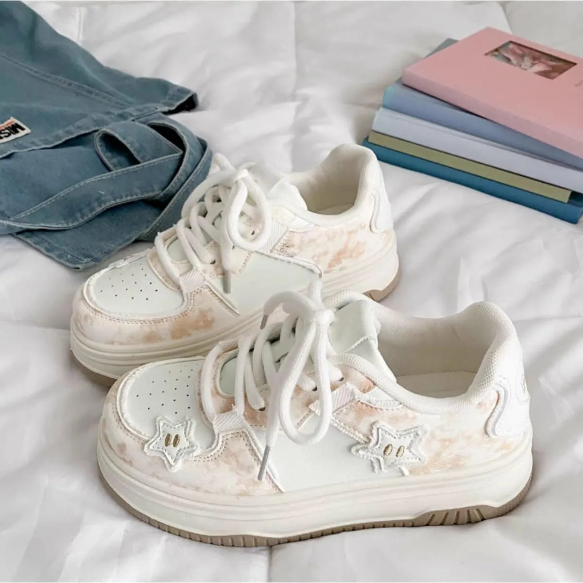 Cute Star Platform Sneakers - Women's Pink & Beige Tie-Dye Y2K Fashion Shoes, Comfortable Casual Lace-Up Sneakers with Pastel Star Design