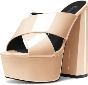 DearOnly Women Chunky Block High Platform Heel Peep Open Toe Sandals Cross-Strap Slip-on Dress 5.9 Inches Heels