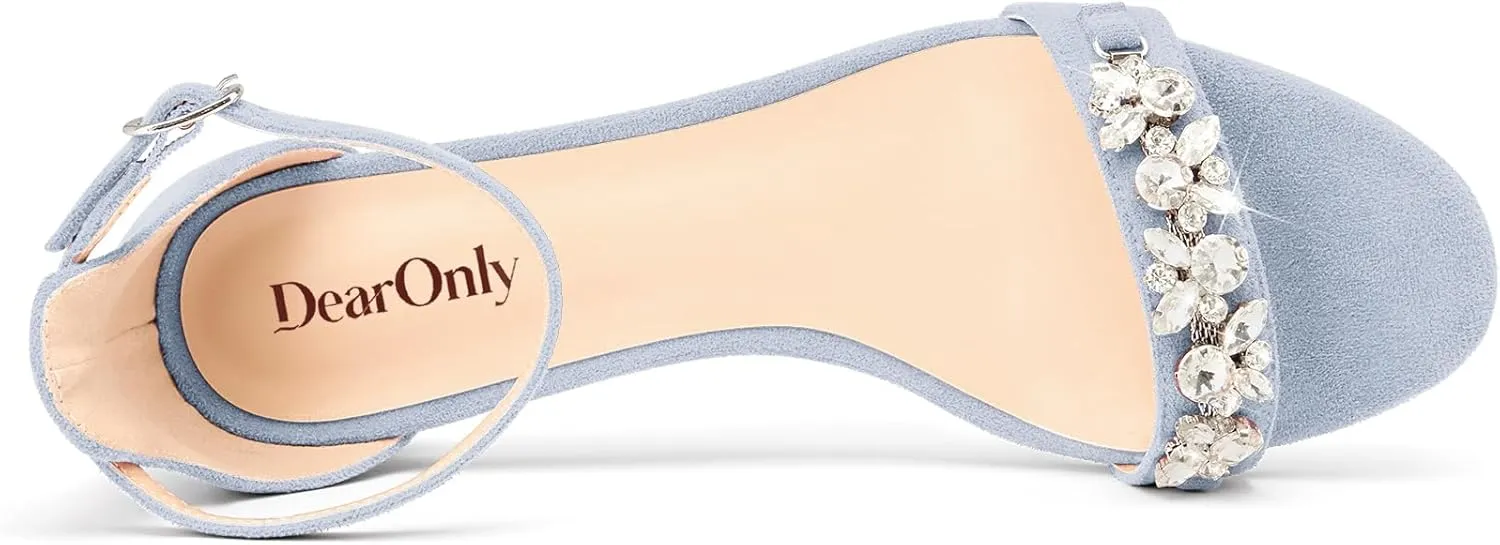 DearOnly Womens Low Kitten Heel Peep Open Toe Ankle Strap Sandals Rhinestone Crystal Buckle Office Summer Dress 1.4 Inches Heels