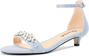 DearOnly Womens Low Kitten Heel Peep Open Toe Ankle Strap Sandals Rhinestone Crystal Buckle Office Summer Dress 1.4 Inches Heels
