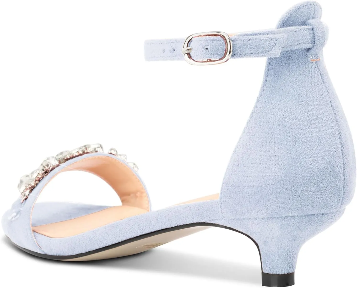 DearOnly Womens Low Kitten Heel Peep Open Toe Ankle Strap Sandals Rhinestone Crystal Buckle Office Summer Dress 1.4 Inches Heels
