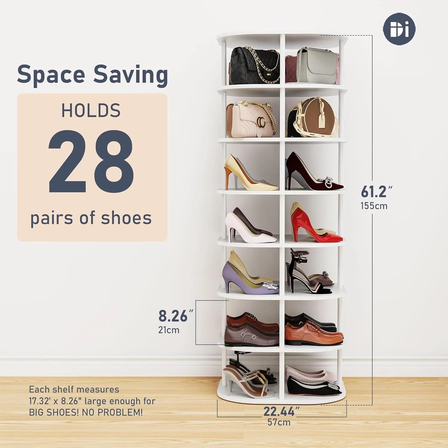 DIMJ 7-Tier Rotating Shoe Rack - 360° Spinning Shoe Organizer Tower for Shoes, Boots & Bags, Space-Saving Closet Storage, White