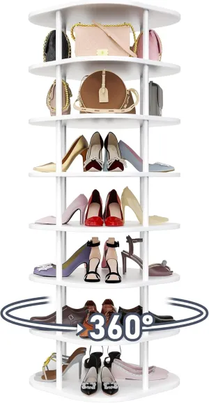 DIMJ 7-Tier Rotating Shoe Rack - 360° Spinning Shoe Organizer Tower for Shoes, Boots & Bags, Space-Saving Closet Storage, White