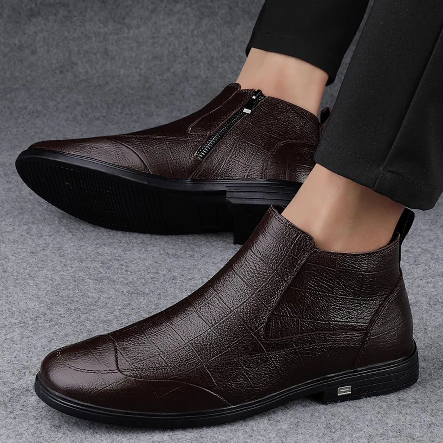 DirraBra Men's Leather Chelsea Ankle Boots Fashion Side Zipper Winter Thermal Dress Boots Outdoor Anti Slip Flat Walking Casual Shoes