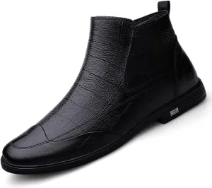 DirraBra Men's Leather Chelsea Ankle Boots Fashion Side Zipper Winter Thermal Dress Boots Outdoor Anti Slip Flat Walking Casual Shoes