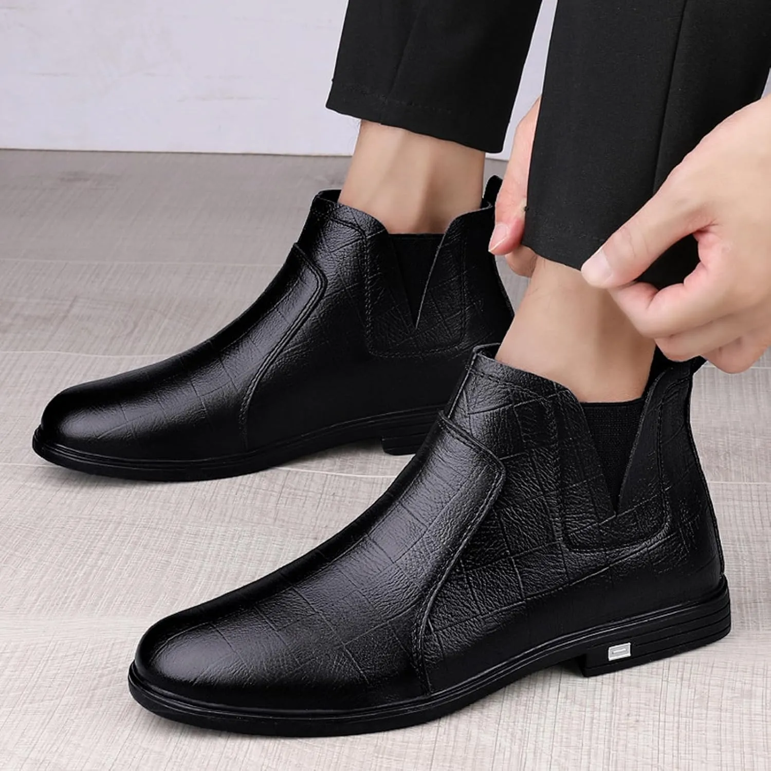 DirraBra Men's Leather Chelsea Ankle Boots Fashion Side Zipper Winter Thermal Dress Boots Outdoor Anti Slip Flat Walking Casual Shoes