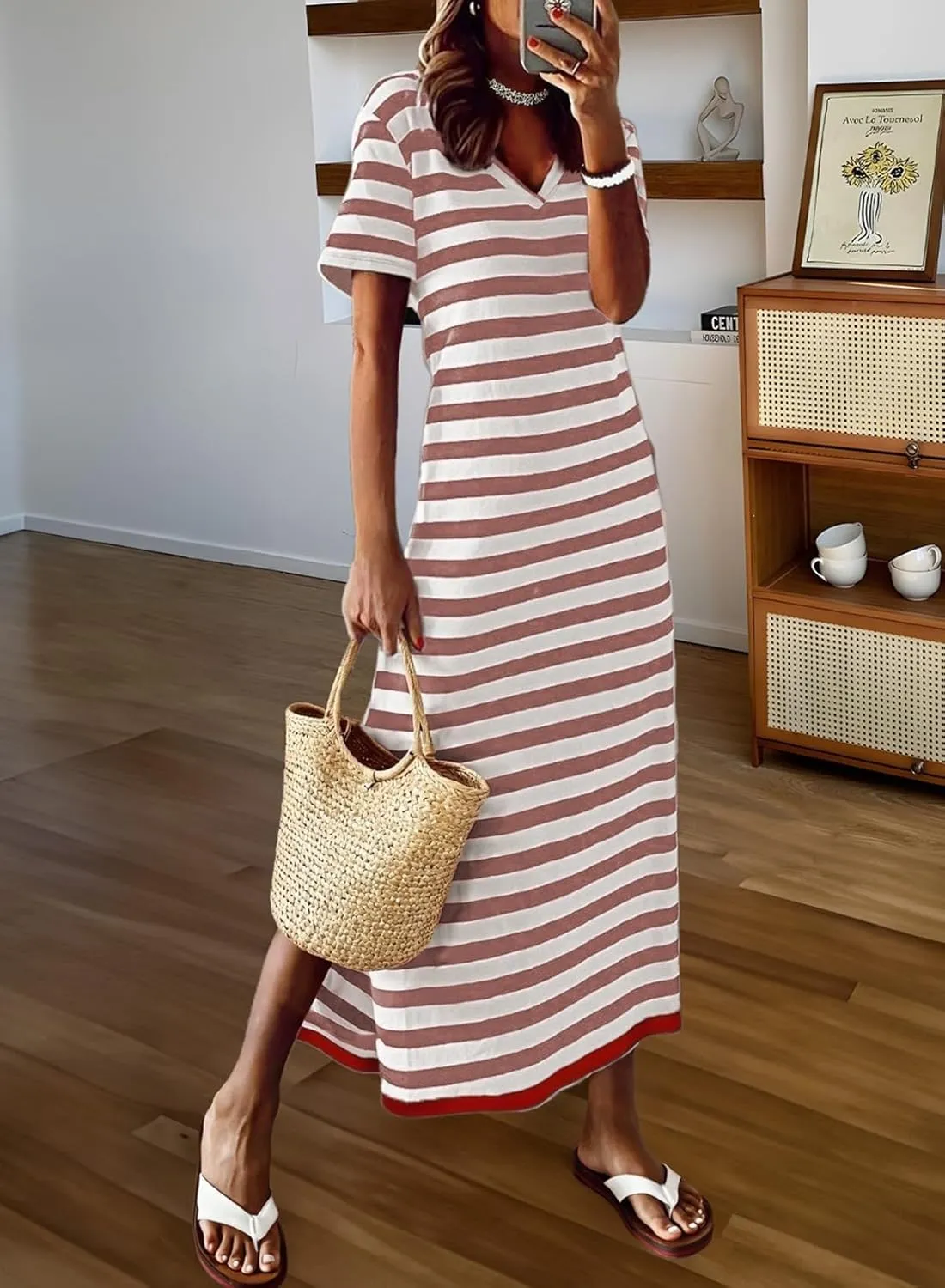 Dokotoo Summer Dress Casual Womens Fashion Short Sleeve Maxi Dress T Shirt Dress Striped Long Color Block Maxi Dress