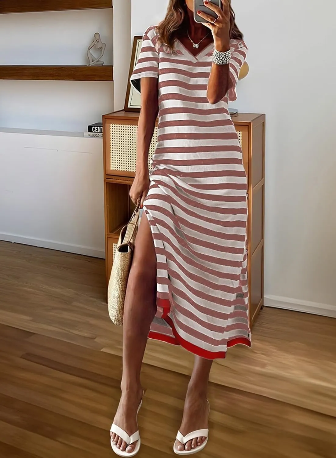 Dokotoo Summer Dress Casual Womens Fashion Short Sleeve Maxi Dress T Shirt Dress Striped Long Color Block Maxi Dress