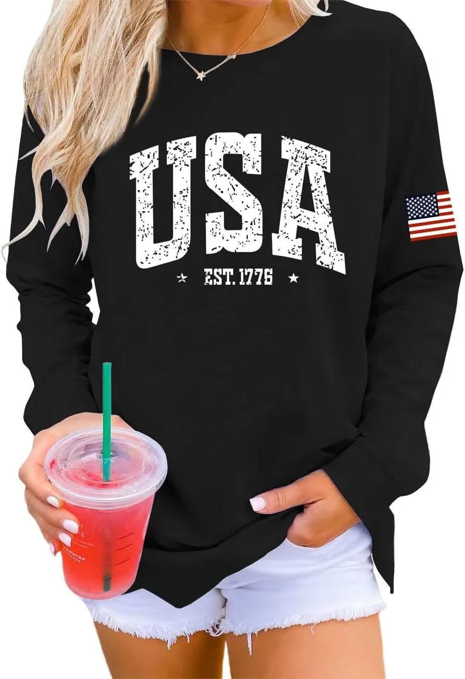Dressmine Womens Usa Sweatshirt Long Sleeve Graphic 4Th Of July Flag Shirts 2025 Cute Knit Casual Pullover