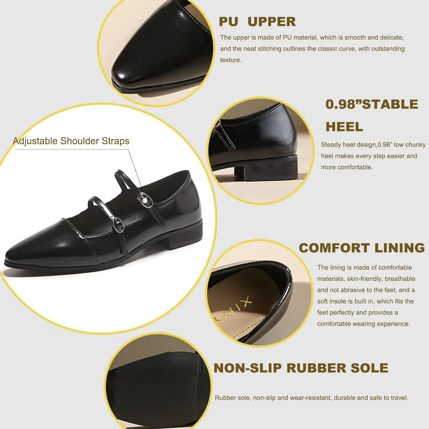 EFTCAL Women's Adjustable Double Strap Mary Janes, Pointed Toe Low Heel Flats, Dressy Comfortable Slip-on Dress Shoes