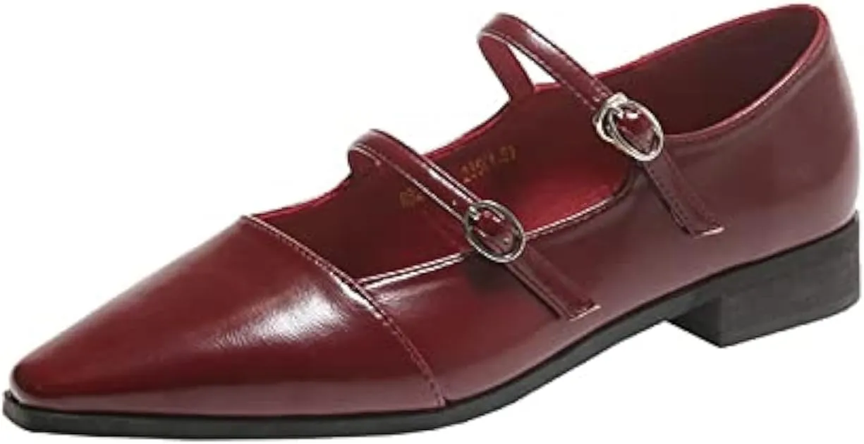 EFTCAL Women's Adjustable Double Strap Mary Janes, Pointed Toe Low Heel Flats, Dressy Comfortable Slip-on Dress Shoes