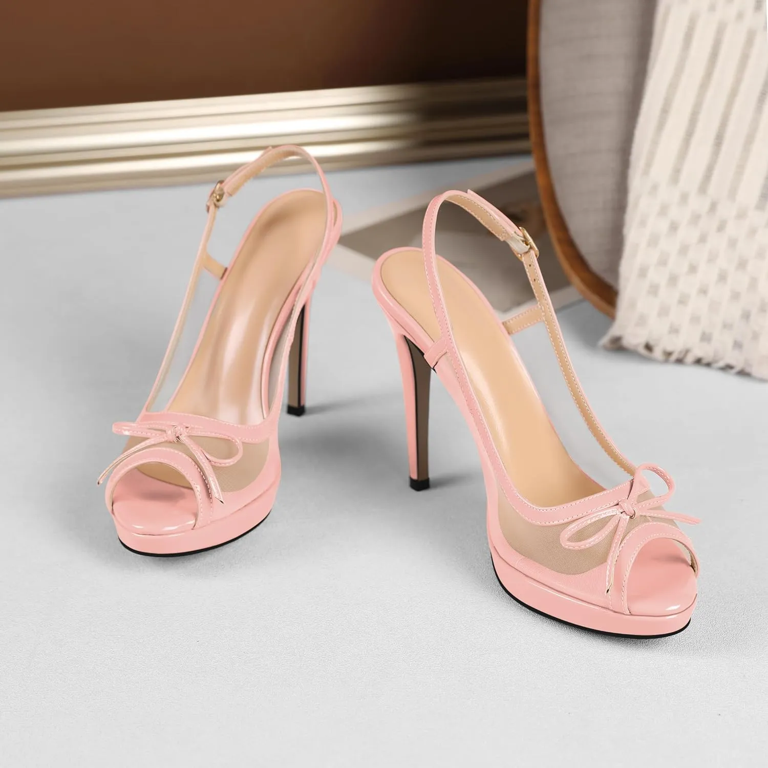Eldof Women’s High Heel Platform Sandals, Peep Toe Slingback Sandals, Stiletto Heels with Bows Mesh Dating Party Wedding Dress Shoes 5 Inches